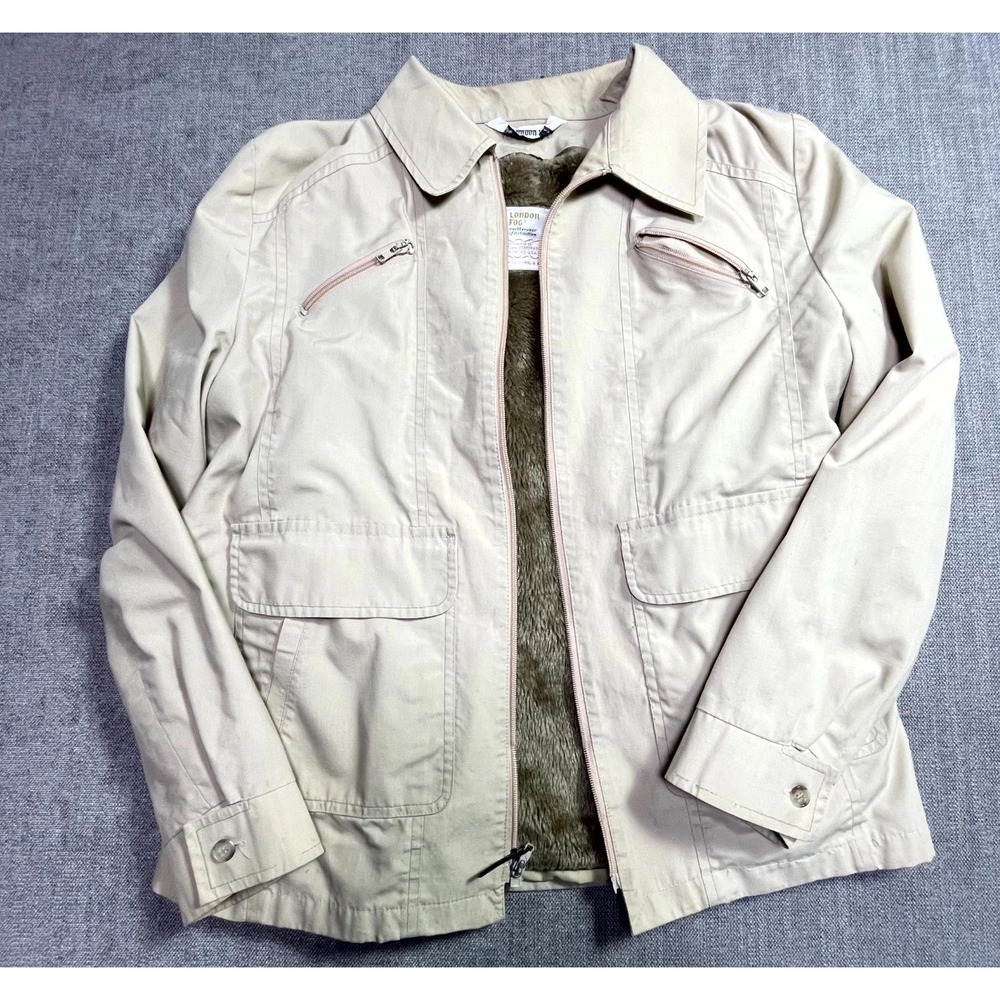 Vintage London Fog Jacket Mens 44 Long Beige Faux Fur Lined Full Zip Casual